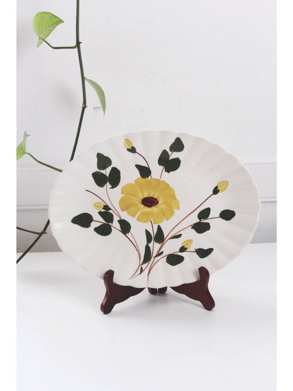 Vintage Hand-Painted Ceramic Oval Platter Yellow Floral Design Scalloped Edge -